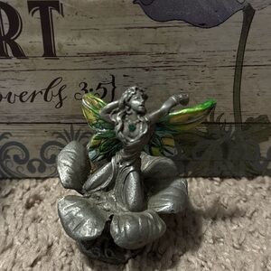 1992 Gallo Rudolf Silver fairy w Marble Painted Wings + Emerald figurine